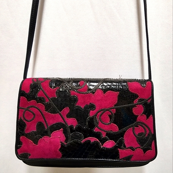 Carlos Falchi Handbags - Carlos Falchi Black and Raspberry Floral Leather and Embordary Crossbady Bag